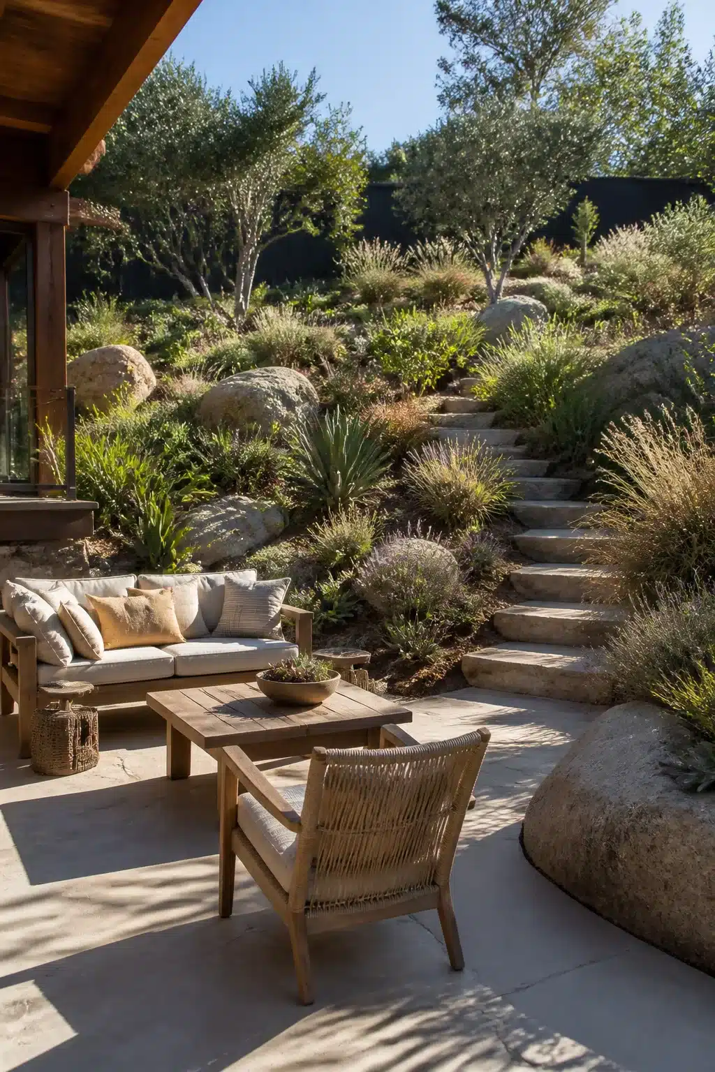 Sloped backyard landscaping ideas with naturalistic boulder placement, drought-tolerant plants, and stone steps on a hillside