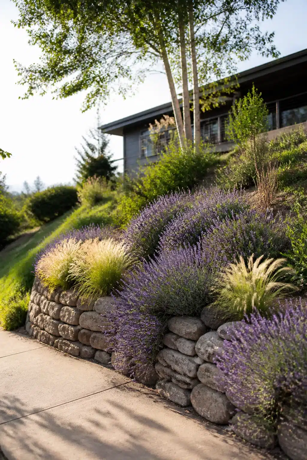 Sloped front yard landscaping idea with dry-stacked stone retaining wall, lavender, and ornamental grass on a steep grade.
