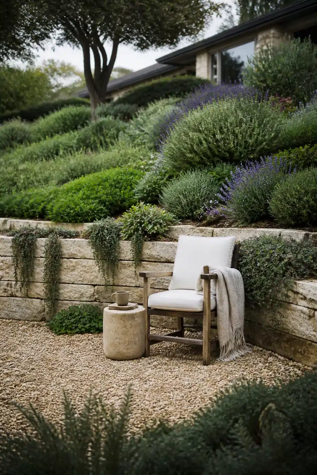 Sloped front yard landscaping with limestone retaining walls, gravel seating nook, and lavender terrace plantings.