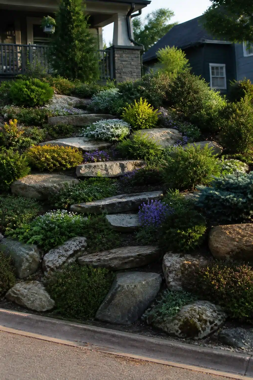 Sloped front yard landscaping ideas with flat stone steps, boulders, and alpine ground cover plants on a steep grade.