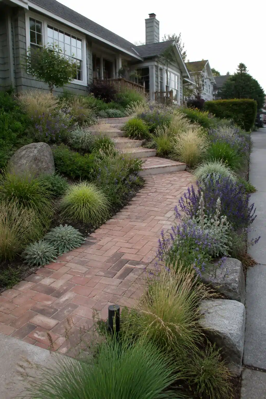 Herringbone brick path with ornamental grasses and salvia on a sloped front yard landscaping idea