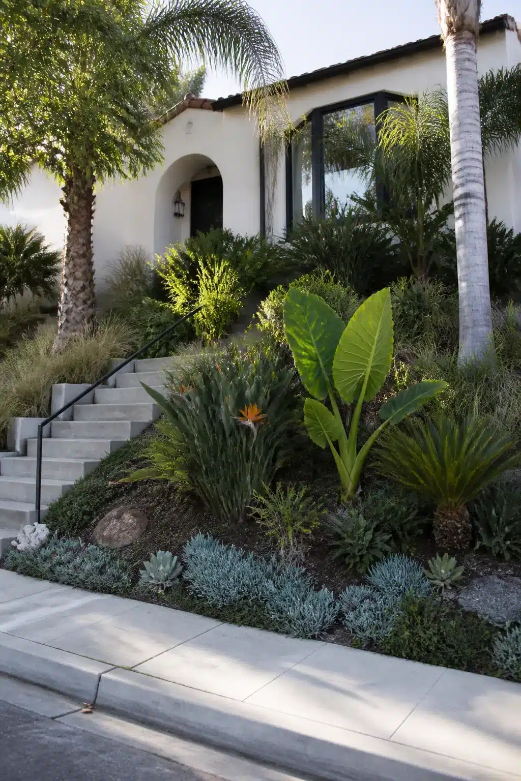 Tropical sloped front yard landscaping ideas with bird of paradise, giant taro, and silver succulents on a grade.