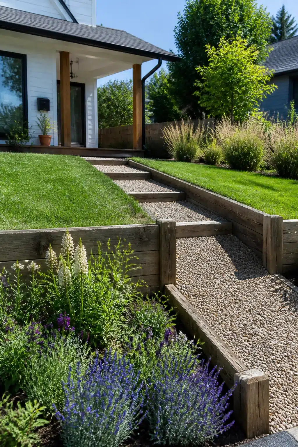 Sloped front yard landscaping ideas with timber terrace steps, gravel path, and lavender planting on a graded lawn.