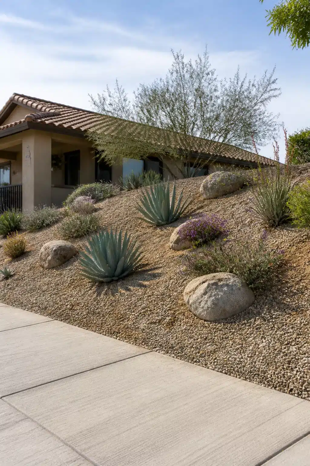 Sloped front yard landscaping ideas with decomposed granite, agave plants, and boulders on a desert grade.