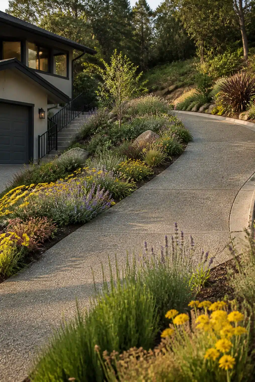 Exposed aggregate curved driveway with mixed perennial plantings on a sloped front yard — landscaping ideas for grades