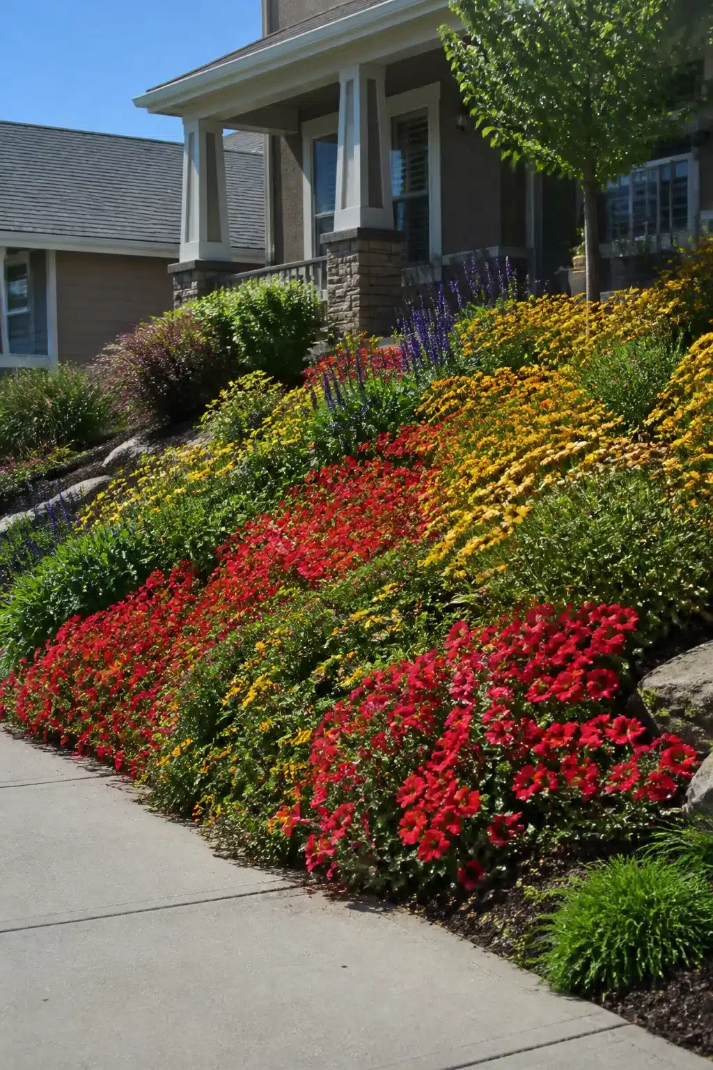 Sloped front yard landscaping ideas with red petunias and golden annuals planted in bold color drifts on a grade.