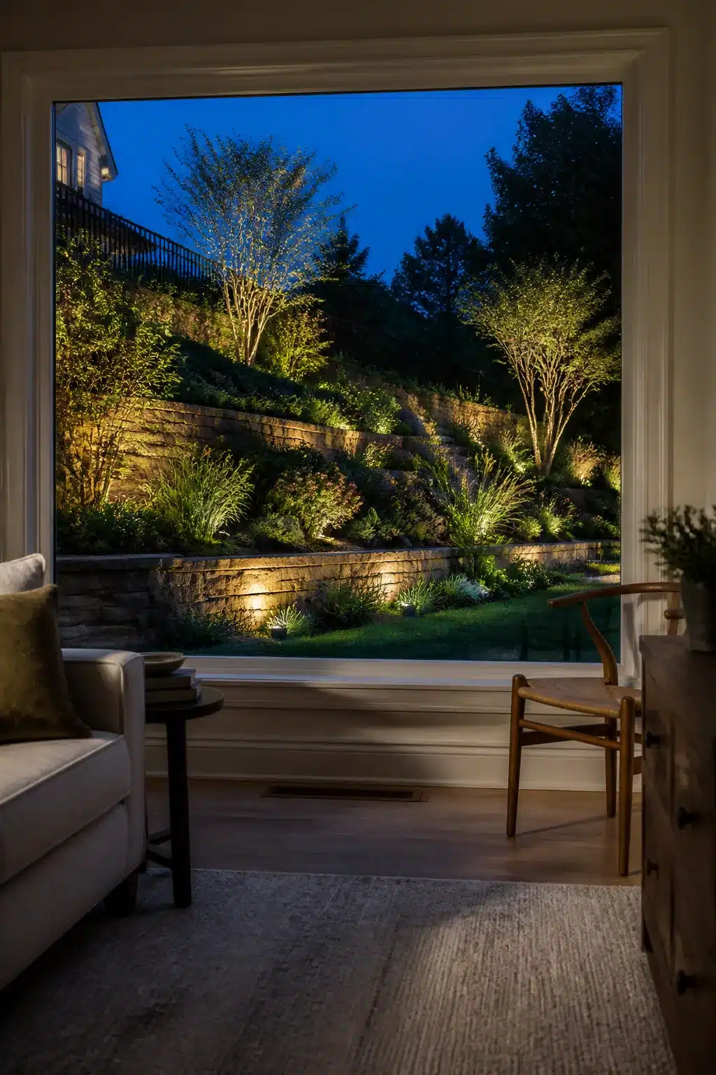 Sloped front yard landscaping ideas with stone terrace walls and warm uplighting against a night sky