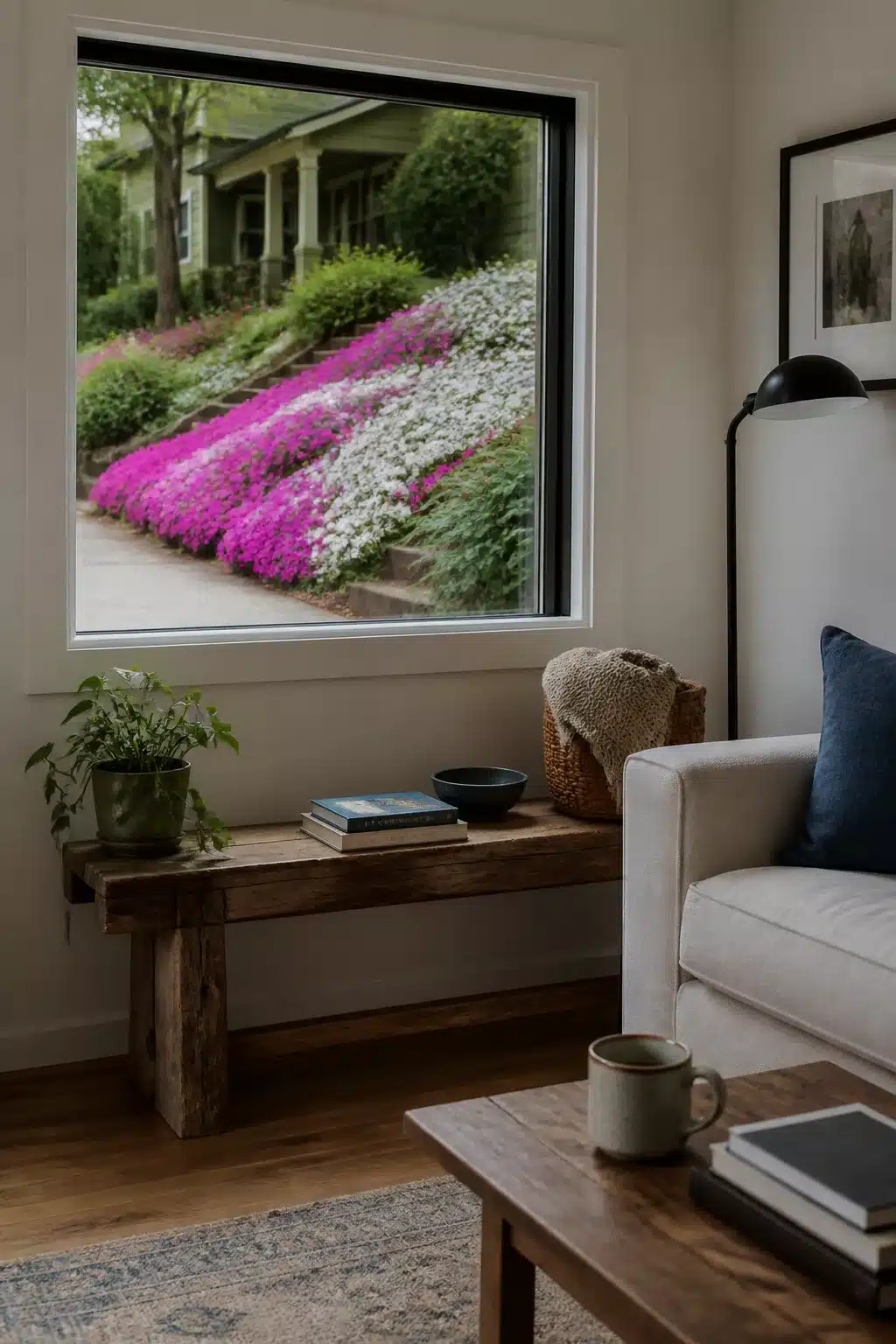 Sloped front yard landscaping idea with cascading magenta and white creeping phlox ground cover on a steep grade