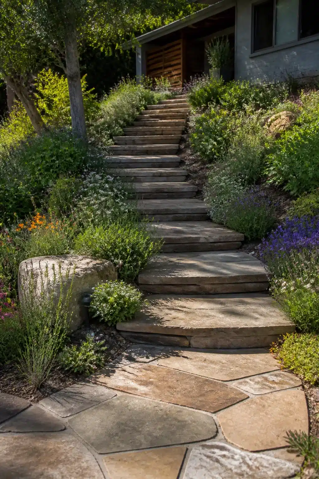 Sloped front yard landscaping ideas with curved flagstone steps, sage-green native plantings, and purple salvia on a hillside.