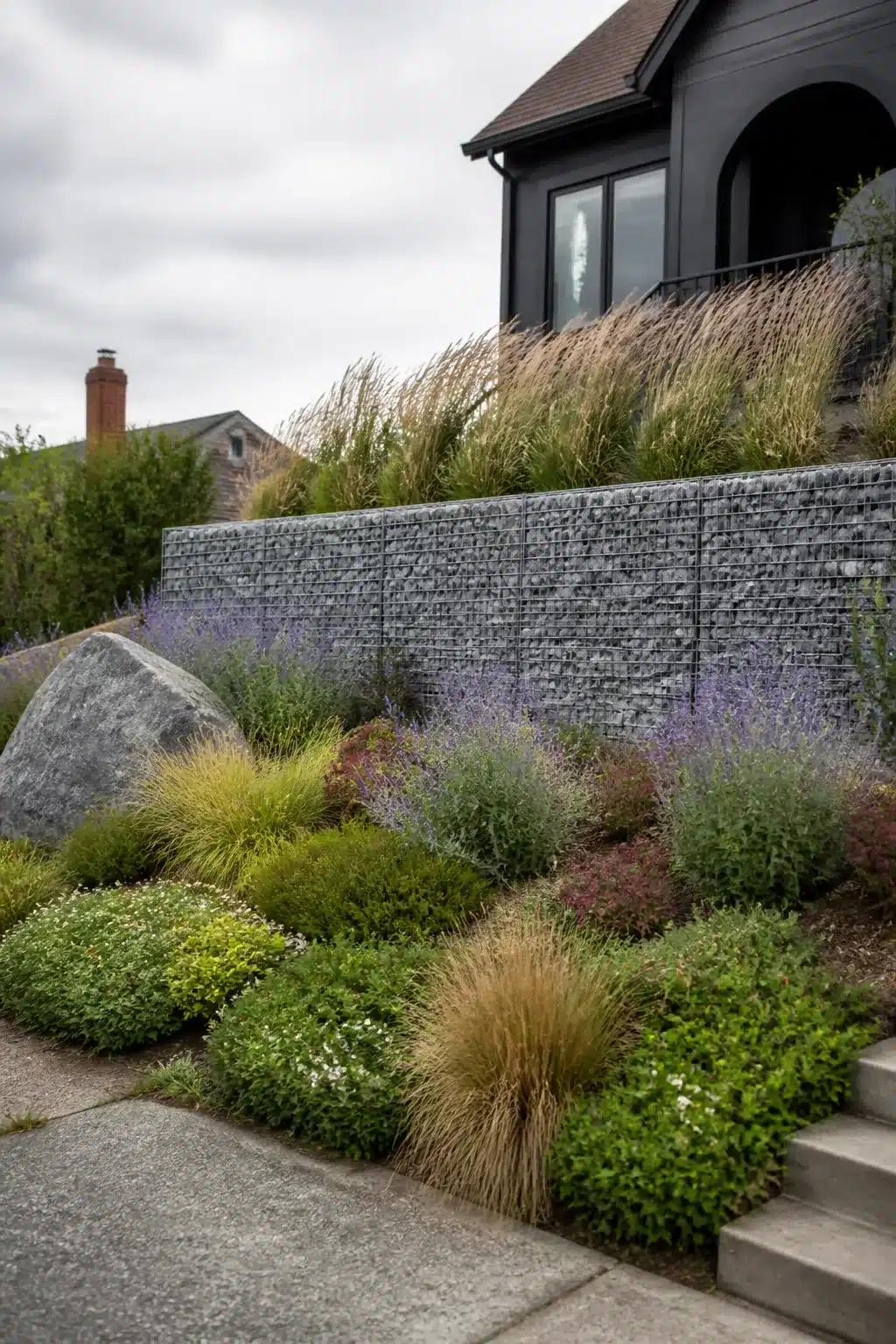 Sloped front yard landscaping ideas with a gabion retaining wall, ornamental grasses, and catmint on a tiered incline.