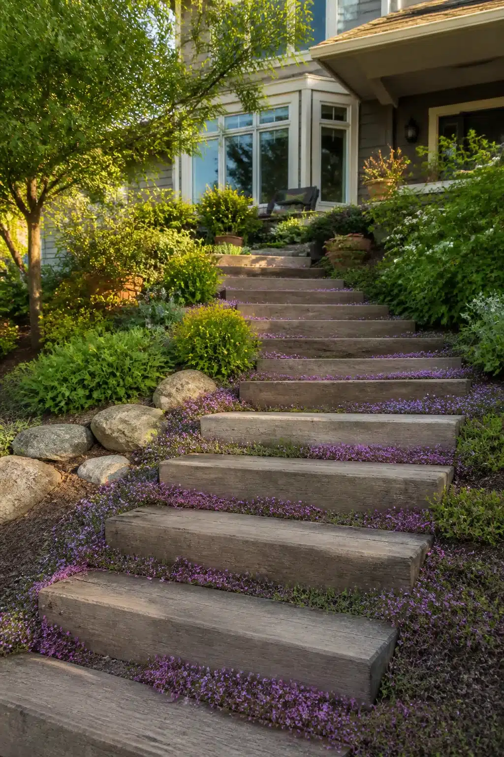 Weathered timber steps with purple creeping thyme on a sloped front yard landscaping idea with layered shrubs