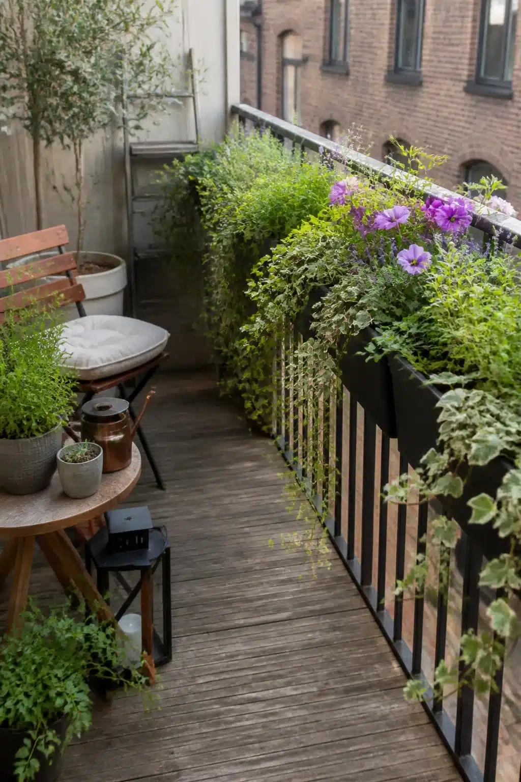 Small balcony garden with black rail planters overflowing with purple petunias, trailing ivy, and herbs on a wood deck.