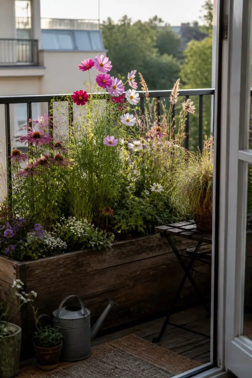 Small balcony garden with a wooden trough planter filled with cosmos, echinacea, and ornamental grasses in a wild meadow style.