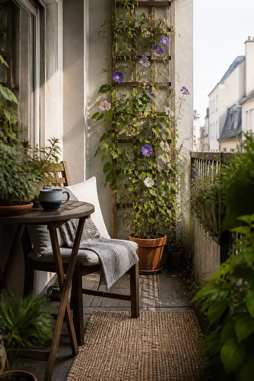 Small balcony garden with wooden trellis, purple morning glory climbers, folding chair, and jute rug in a city apartment.