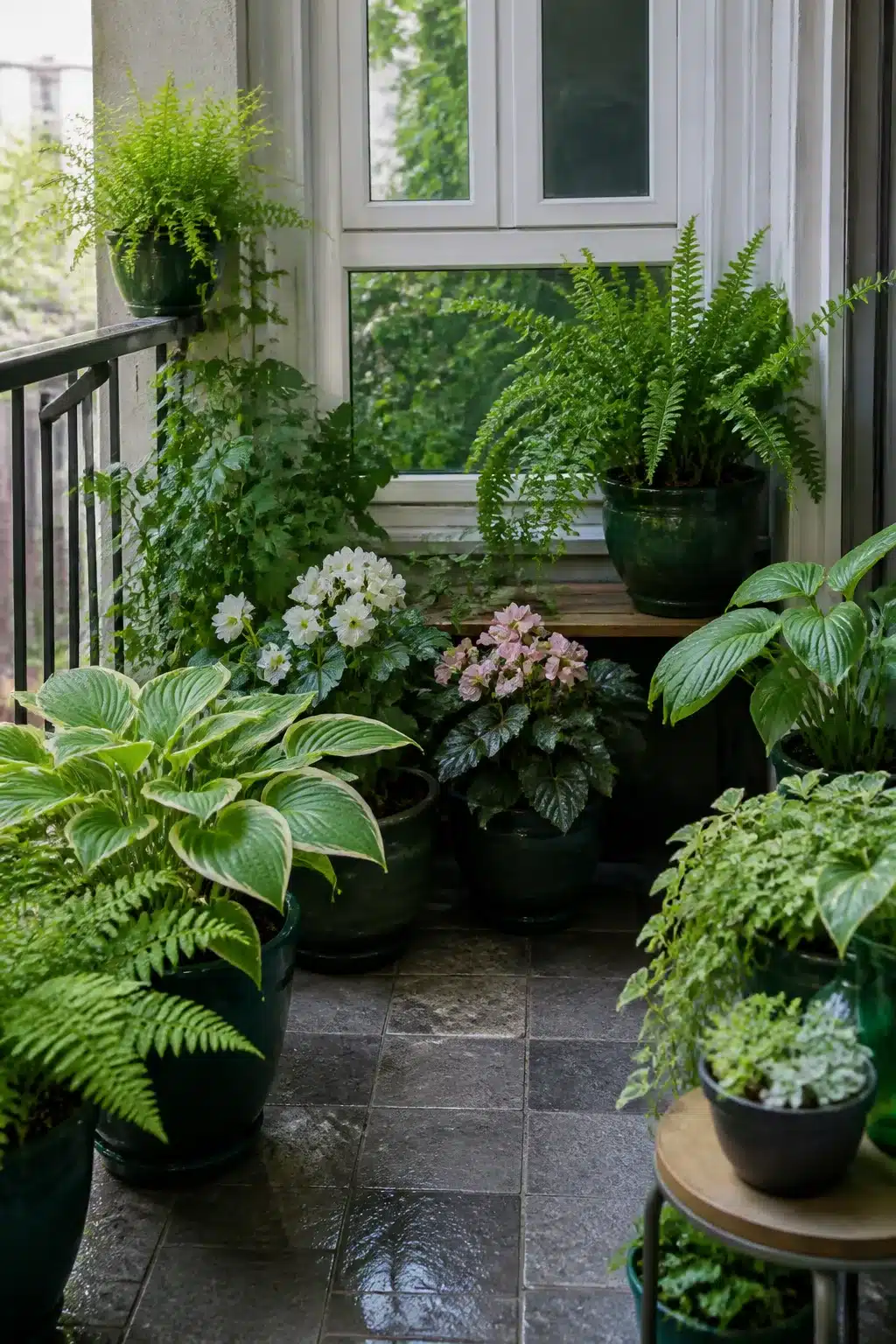 Small balcony garden with dark green glazed pots, Boston ferns, hostas, and pink begonias in a shady nook