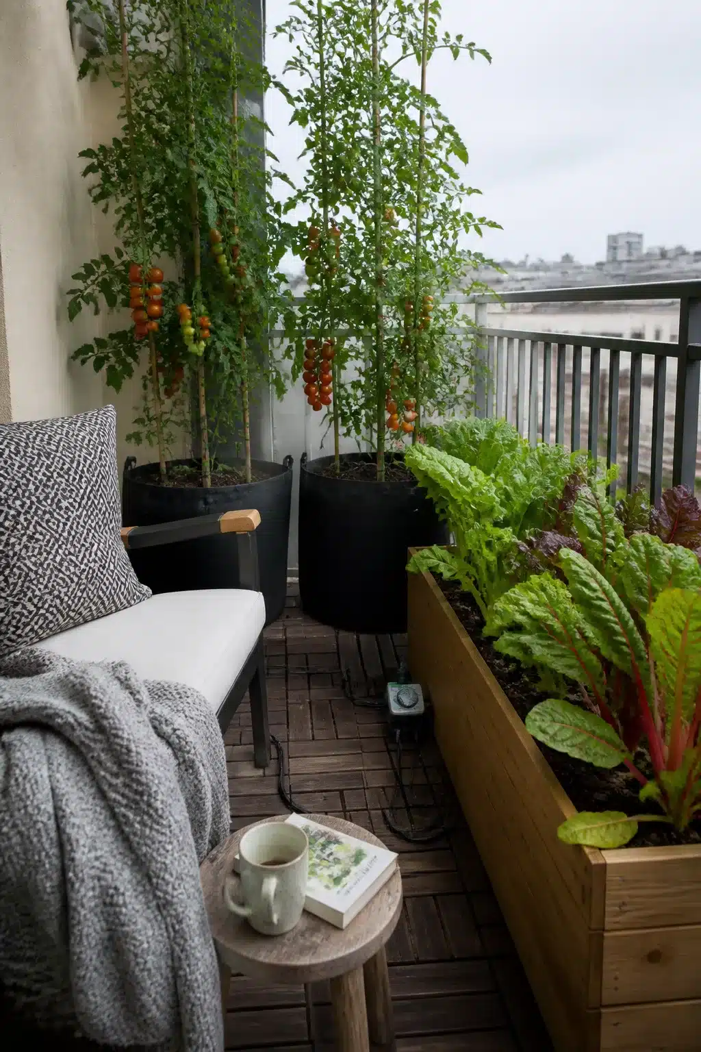 Small balcony garden with cherry tomato grow bags and cedar raised bed planted with Swiss chard and greens