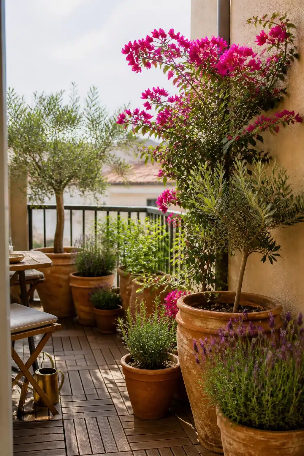 Small balcony garden with bougainvillea, olive trees, lavender and rosemary in aged terra cotta pots on wood deck tiles.