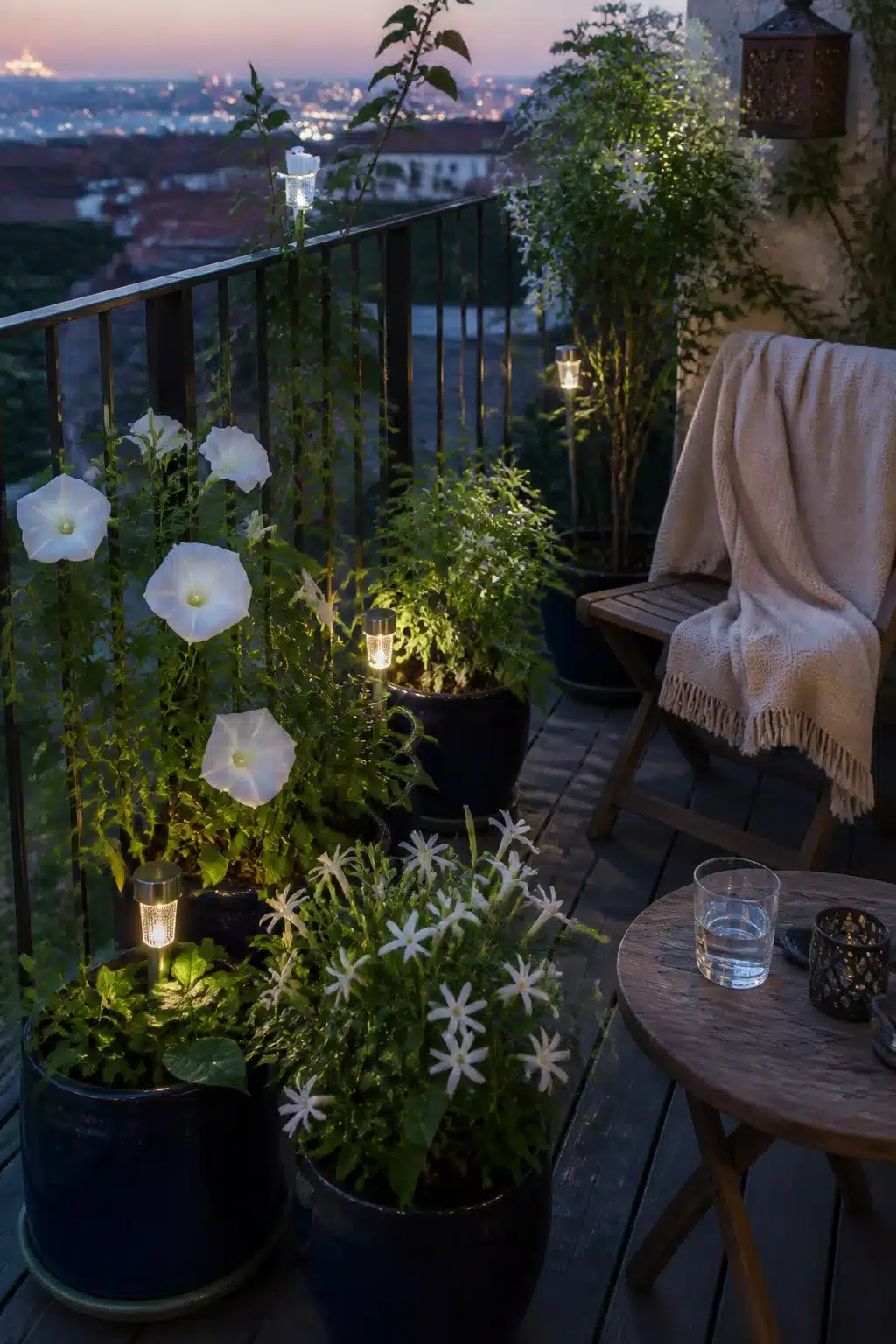 Small balcony garden at dusk with white night-blooming flowers, solar stake lights, and navy pots.