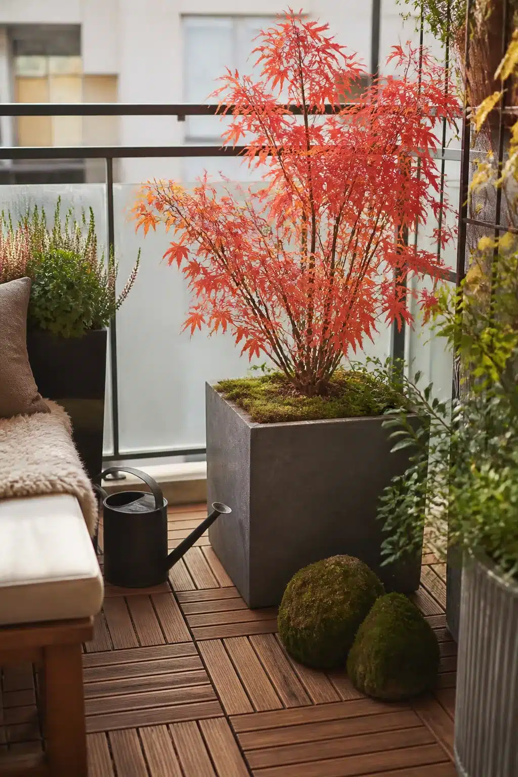 Japanese maple in a concrete cube planter on a small balcony garden with wood deck tiles and moss stones