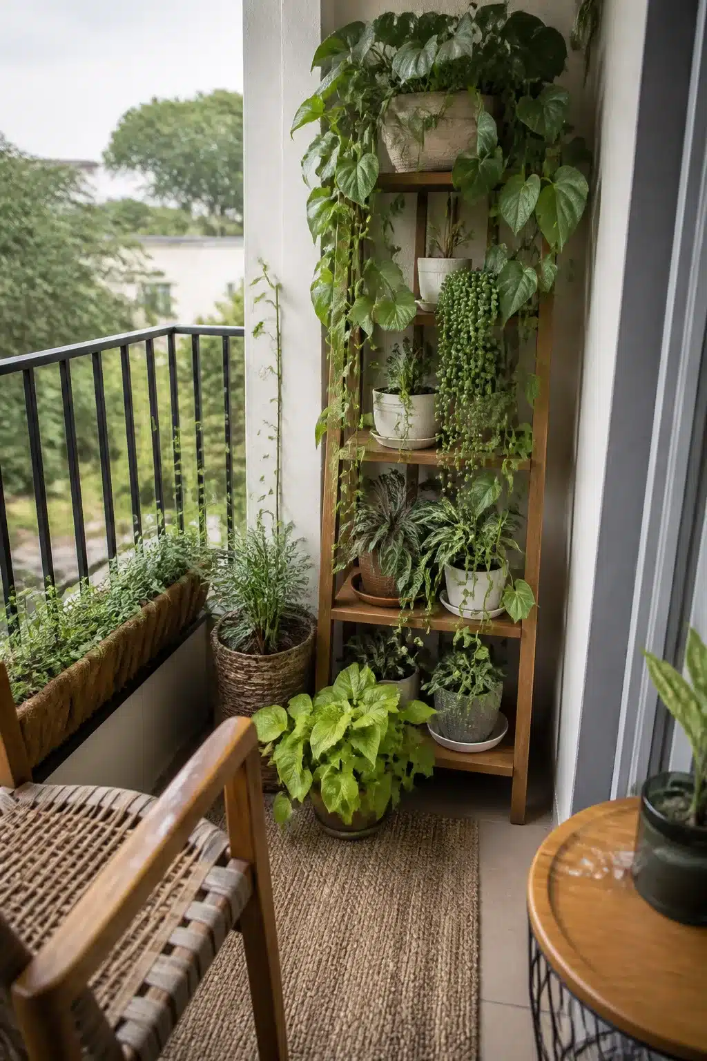 Small balcony garden with wooden ladder shelf layered with trailing vines and mixed green plants in white pots.