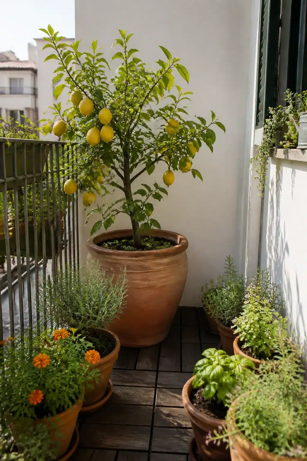 Small balcony garden with a potted lemon tree in a large terracotta urn surrounded by herb pots and marigolds.