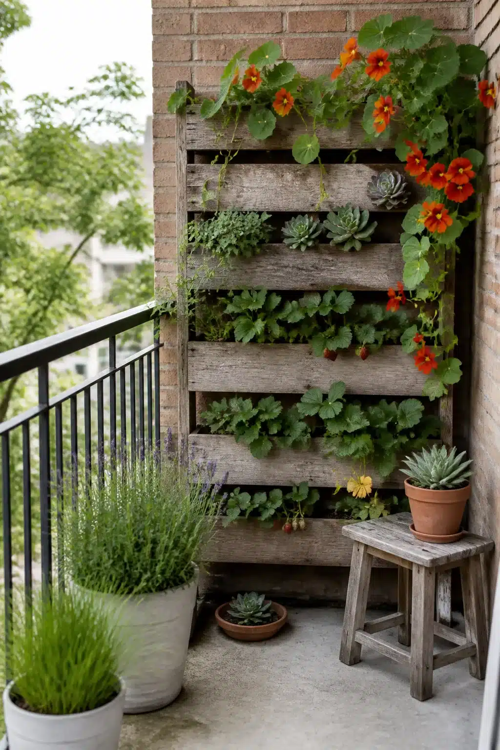 Weathered wood pallet vertical garden on a small balcony with nasturtiums, succulents, and greens — small balcony garden idea