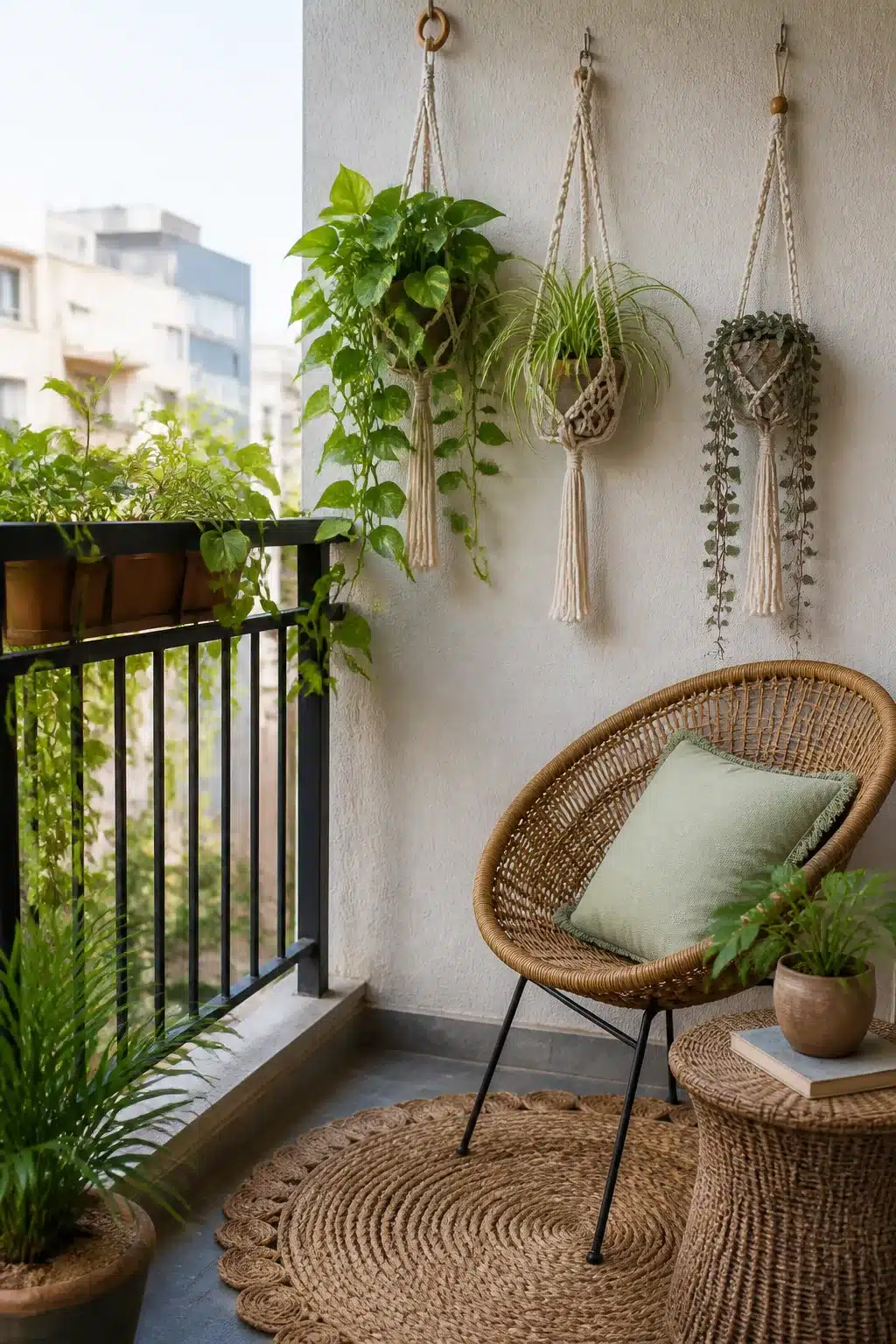 Small balcony garden with macramé plant hangers, wicker egg chair, and trailing pothos on a neutral wall.