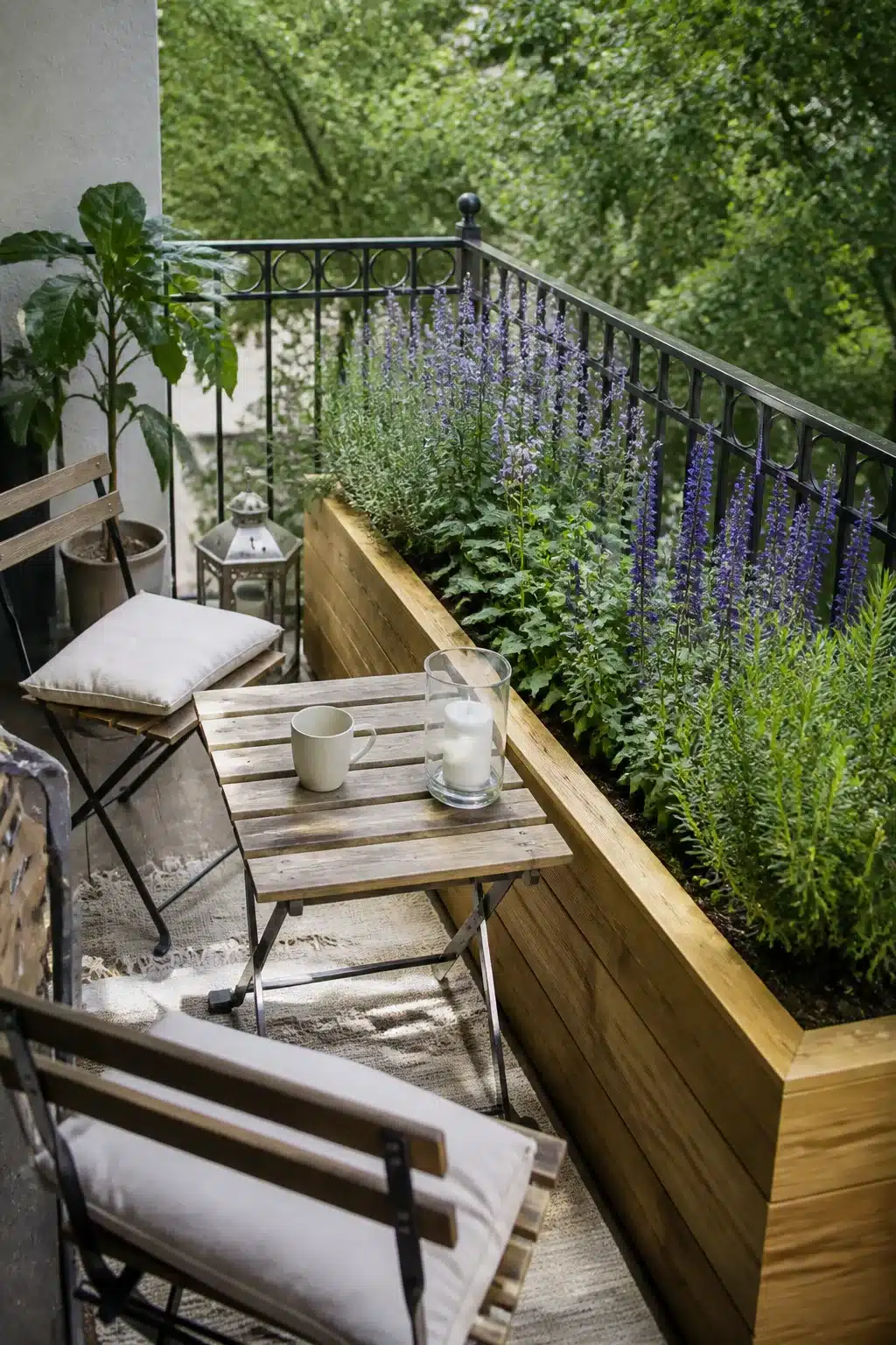 Small balcony garden with cedar planter box filled with purple salvia, bistro chairs, and jute rug