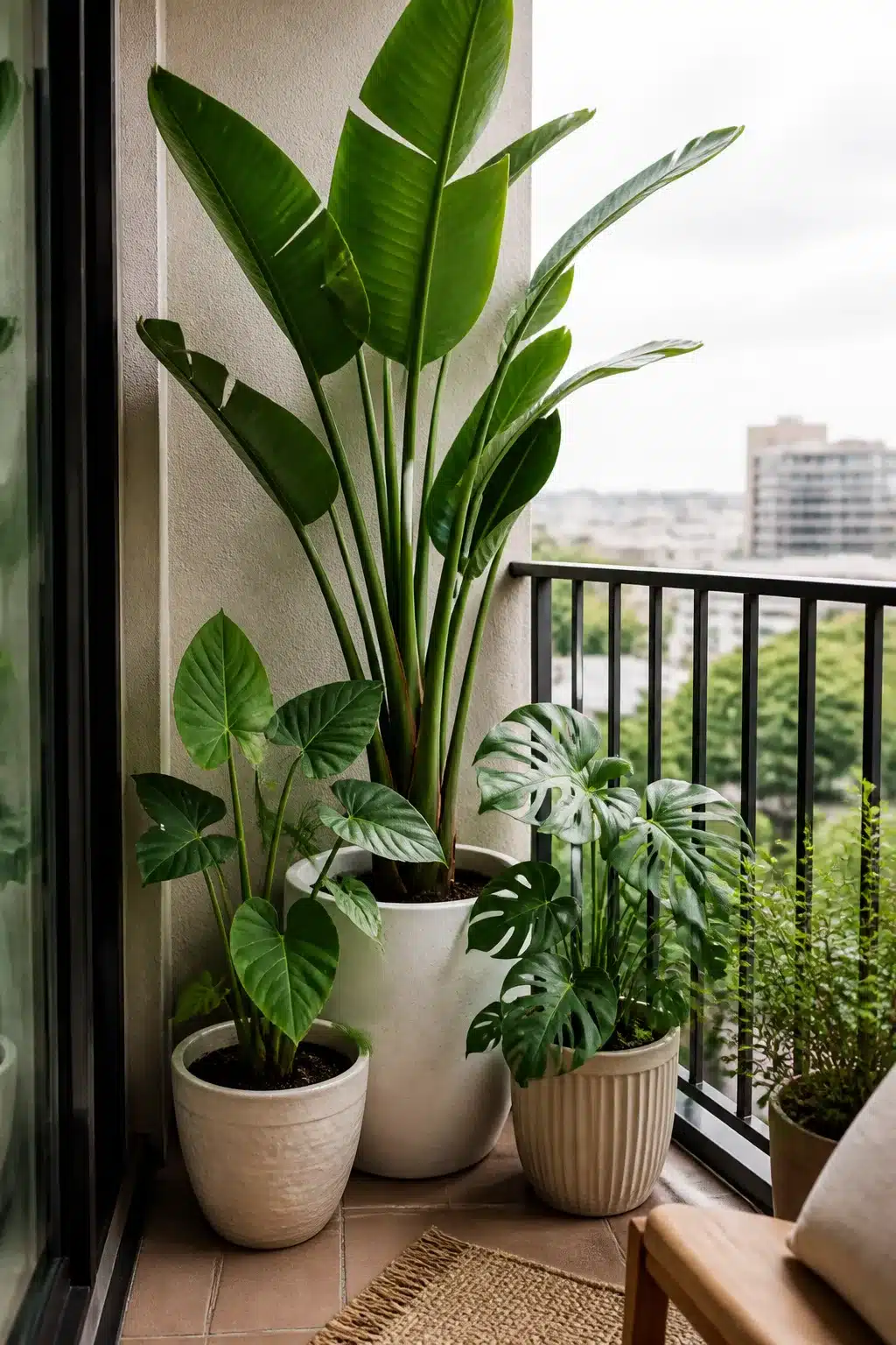 Small balcony garden corner with bird of paradise, monstera, and philodendron in neutral ceramic pots