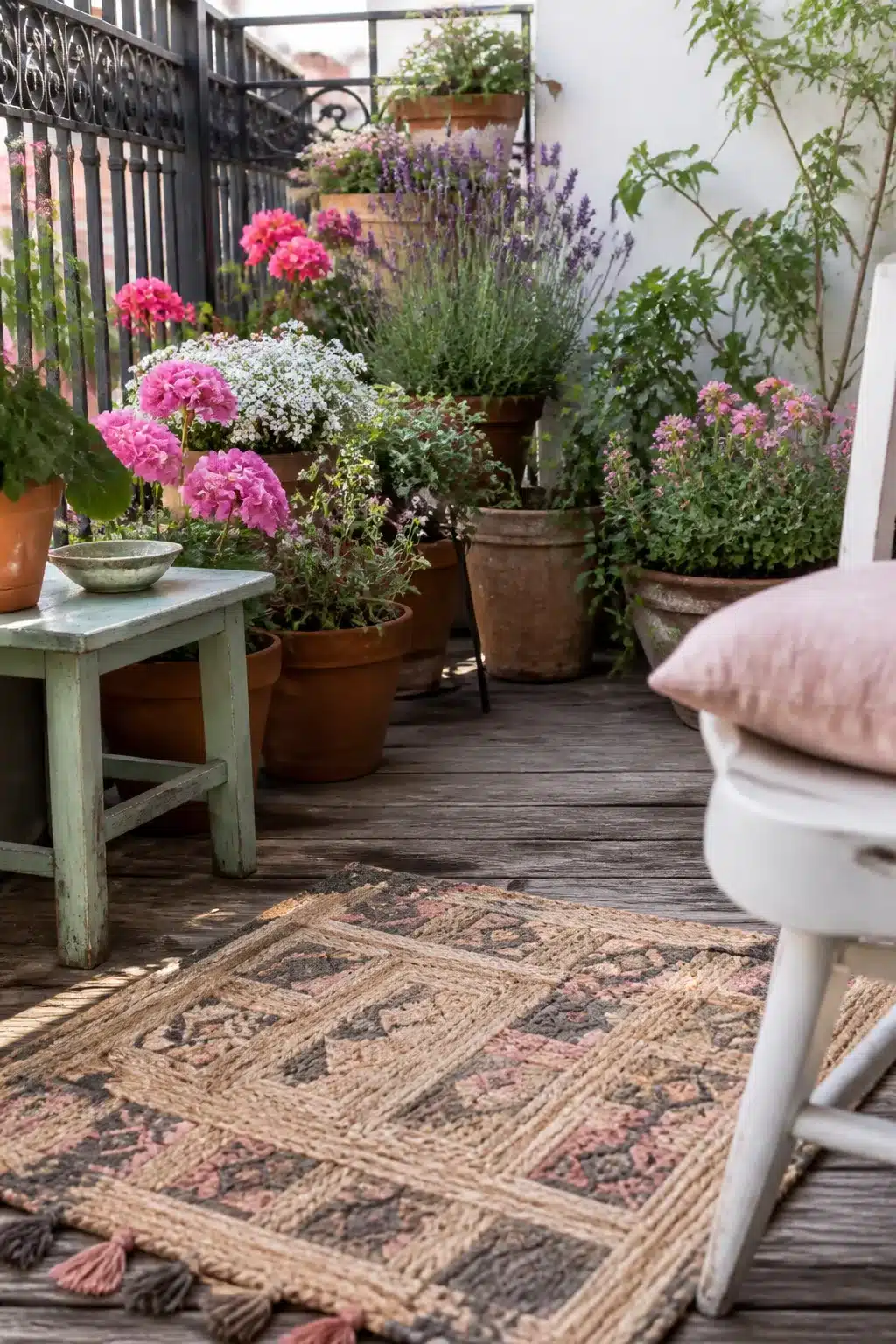 Small balcony garden with pink geraniums, lavender in terracotta pots, jute rug, and sage green stool on wood deck.