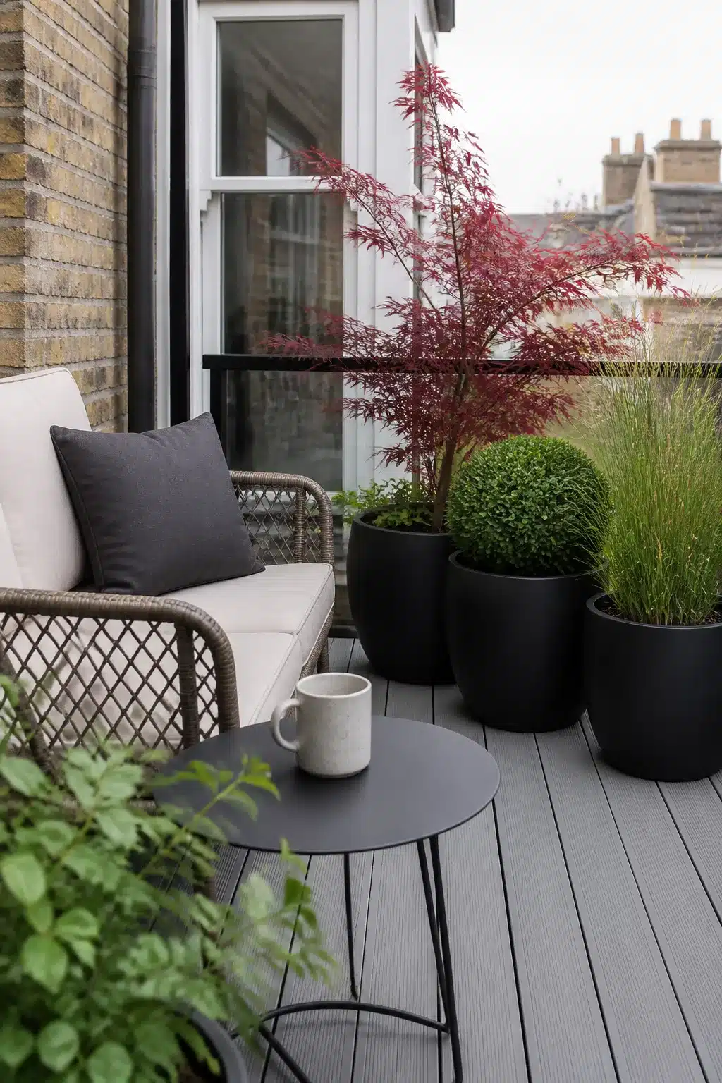 Small balcony garden with matte black pots, Japanese maple, boxwood ball, and gray composite decking.