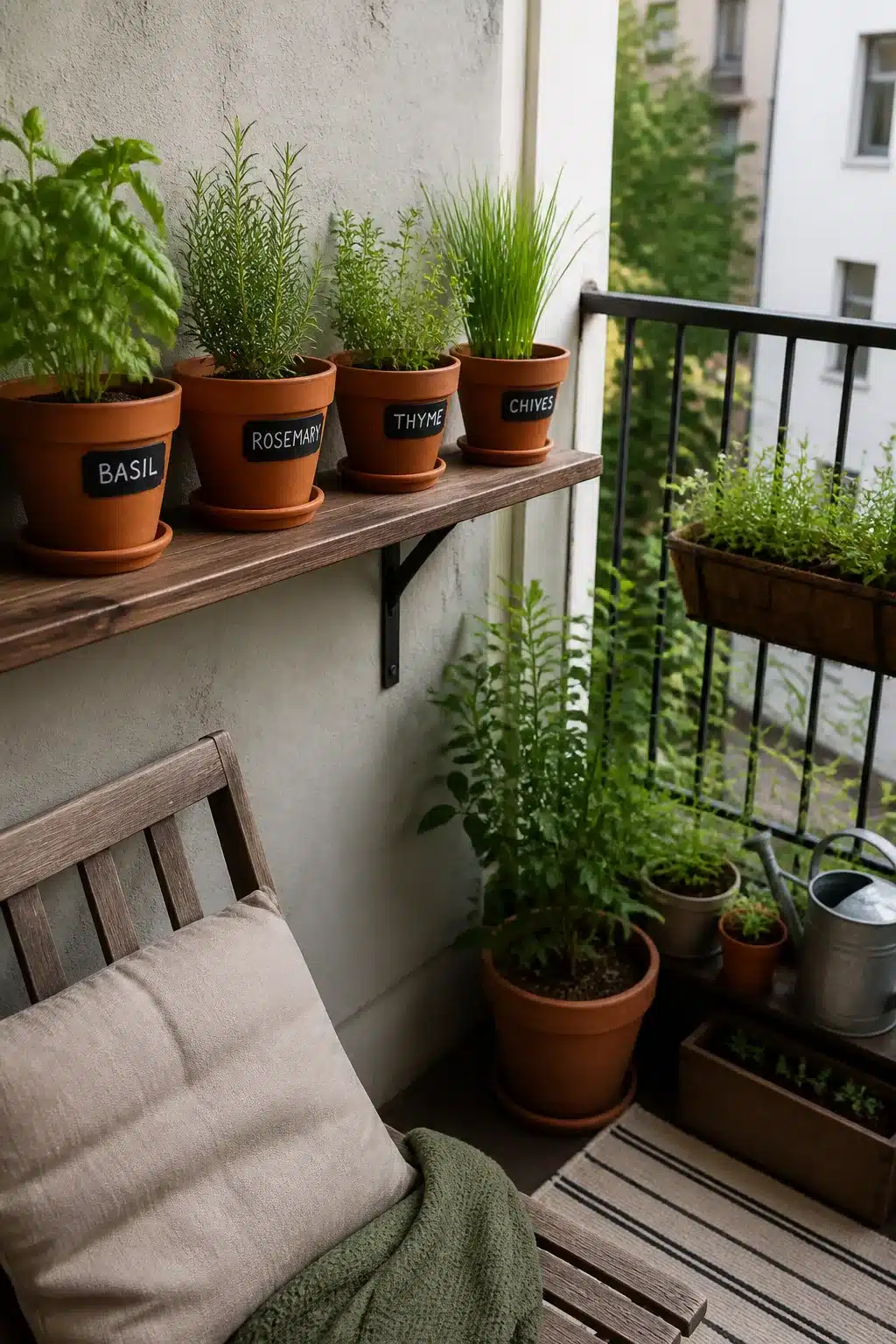 Small balcony garden with terra cotta herb pots on a wall-mounted wooden shelf labeled basil, rosemary, thyme, and chives.