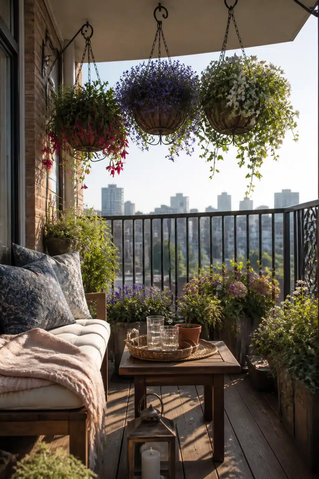 Small balcony garden with three colorful hanging baskets overhead, a wooden bench, and trailing flowers against a city skyline.