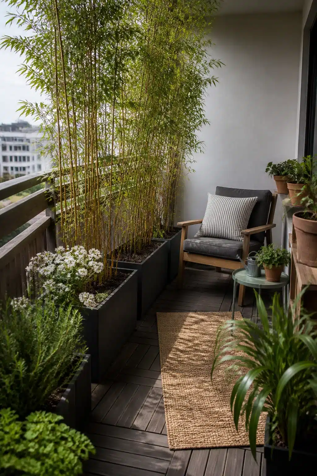 Small balcony garden with bamboo privacy screens, dark planter boxes, and a cozy seating nook on wood deck tiles.