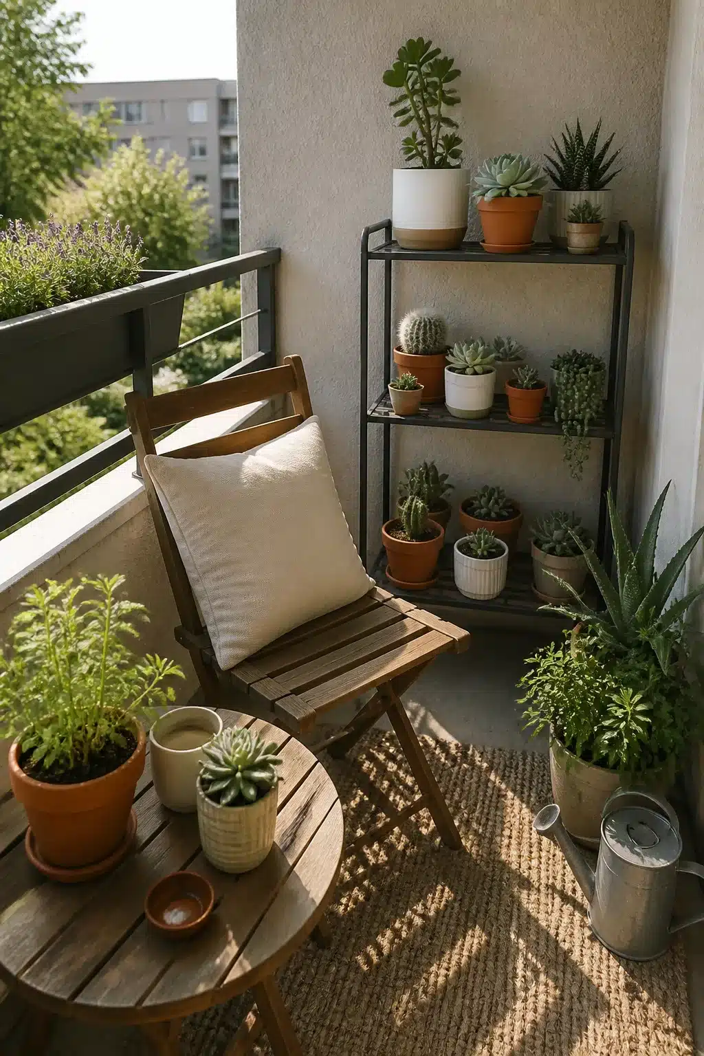 Small balcony garden with metal ladder shelf displaying mixed succulents, cacti, and a wooden folding chair