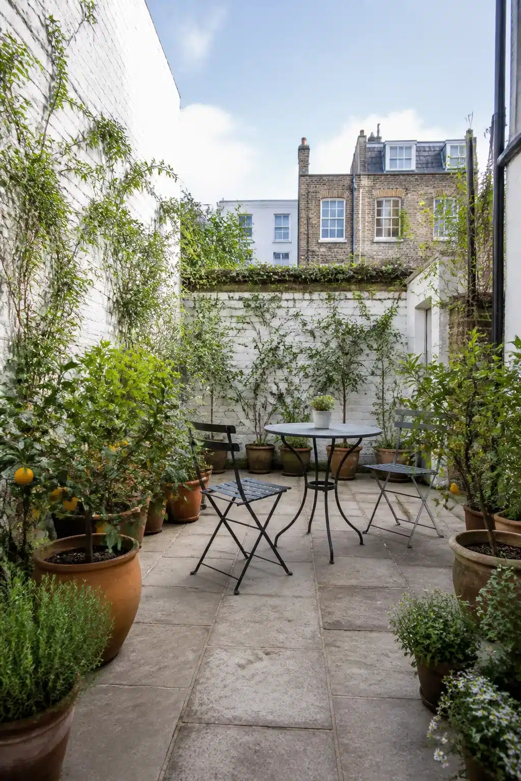 Small city garden with whitewashed walls, potted citrus trees, terracotta planters and bistro seating on stone flags