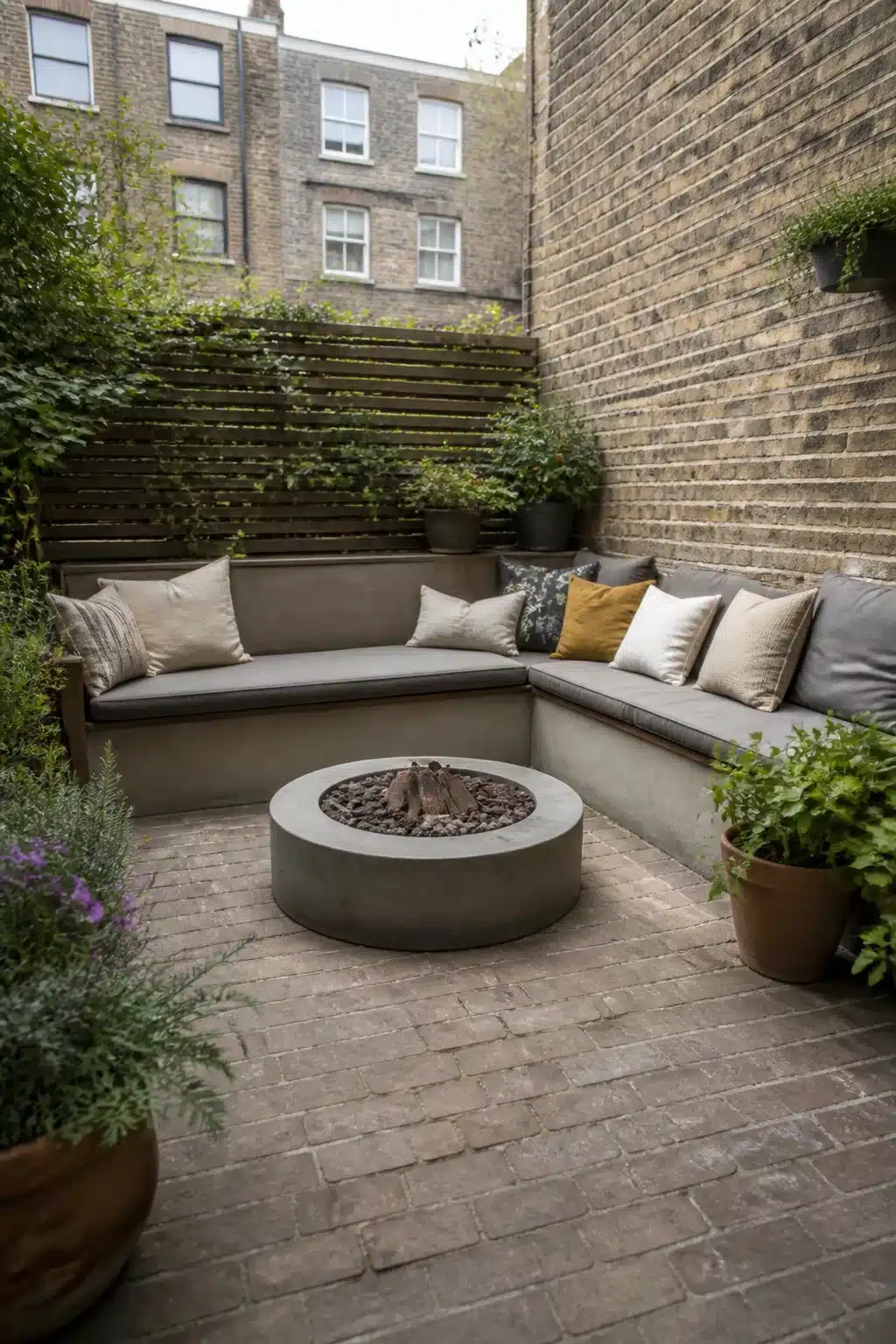 Small city garden with concrete L-shaped built-in bench seating and round fire pit on brick paved patio.
