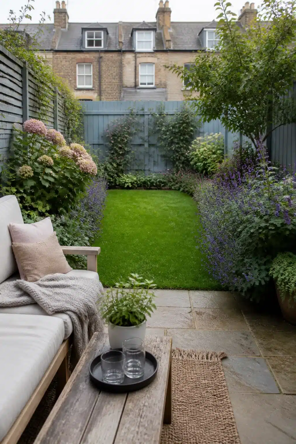 Small city garden with a tiny central lawn, purple catmint borders, and a blue-gray painted fence behind.