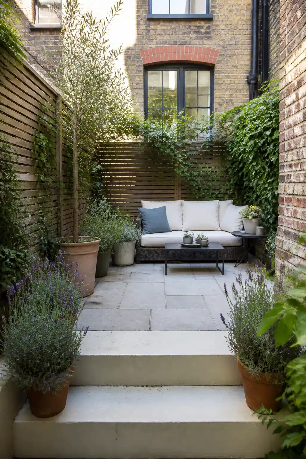Small city garden with limestone steps, lavender in terracotta pots and a sunken seating area between brick walls.
