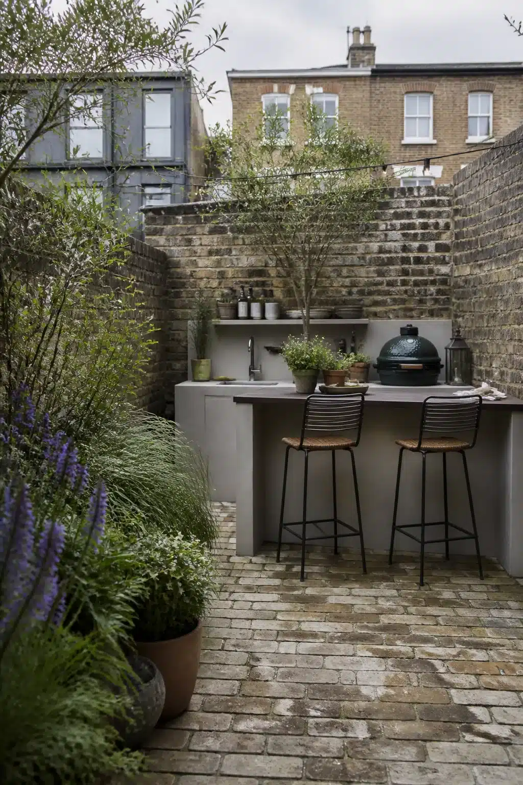 Concrete outdoor kitchen with Big Green Egg in a narrow small city garden with brick walls and bar stools.