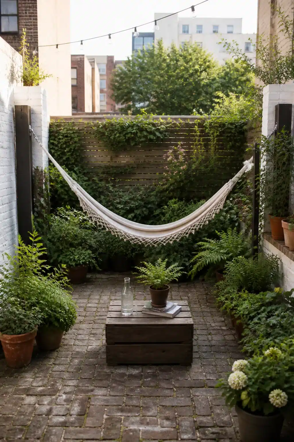 Rope hammock between black steel posts in a small city garden with brick paving and ferns