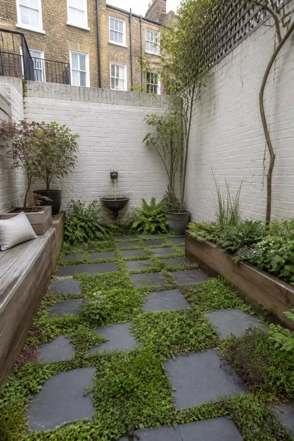 Small city garden with slate checkerboard pavers and creeping ground cover planting pockets between timber raised beds