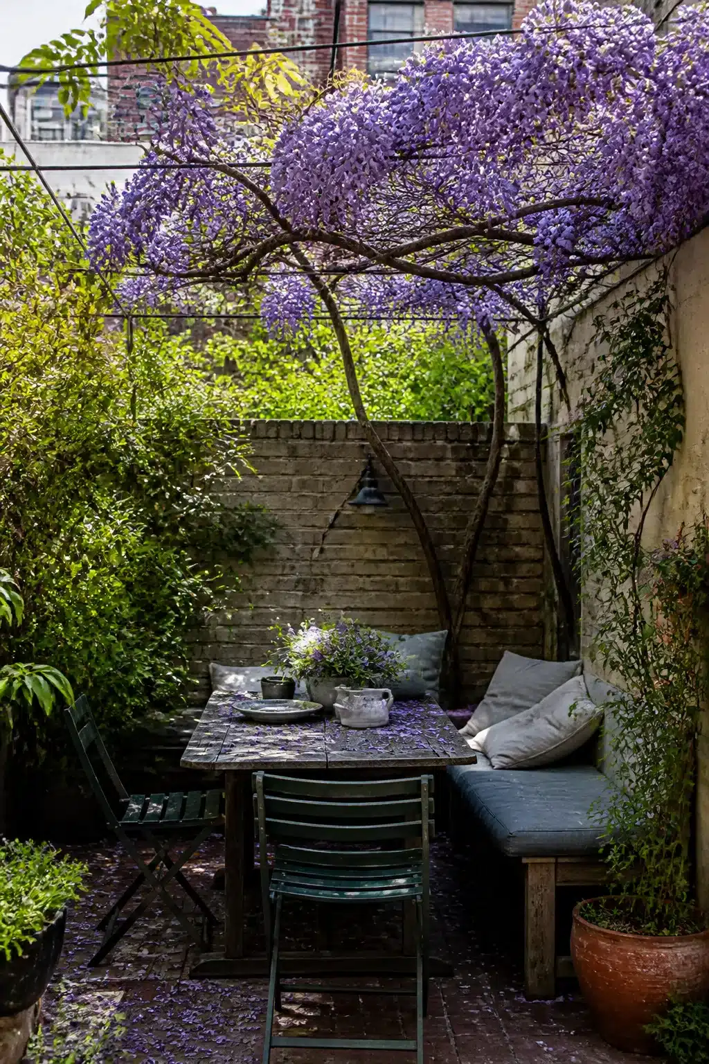 Purple wisteria canopy over a small city garden dining area with brick floor and built-in bench.