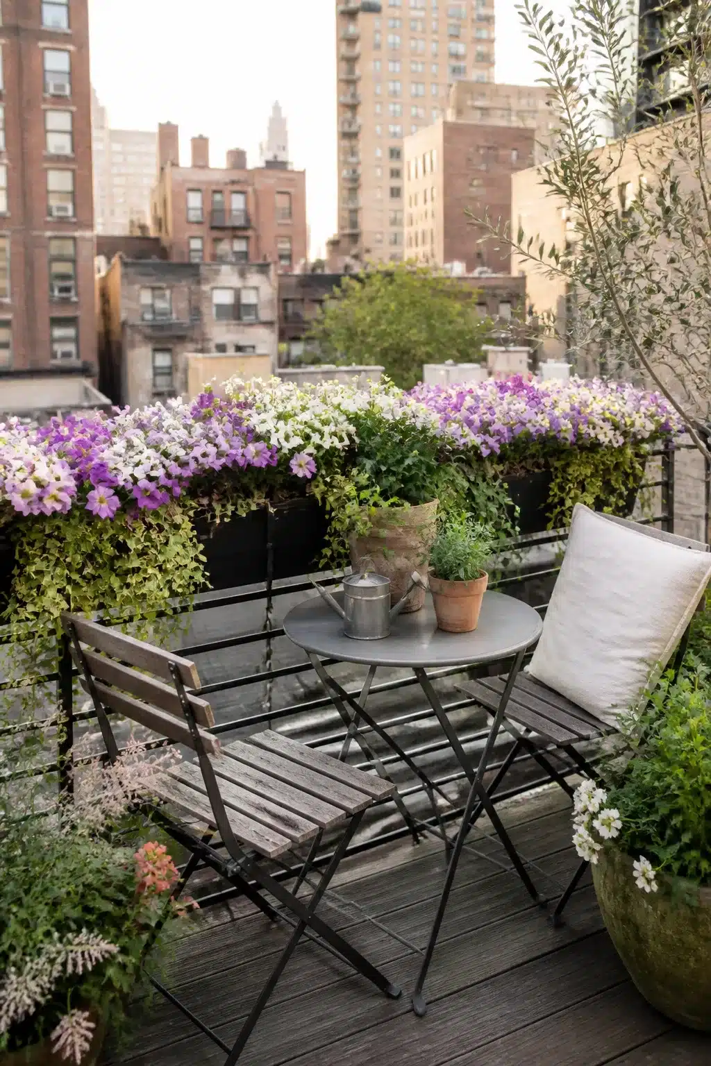 Black railing planters overflowing with purple petunias on a small city garden terrace with a gray bistro set.