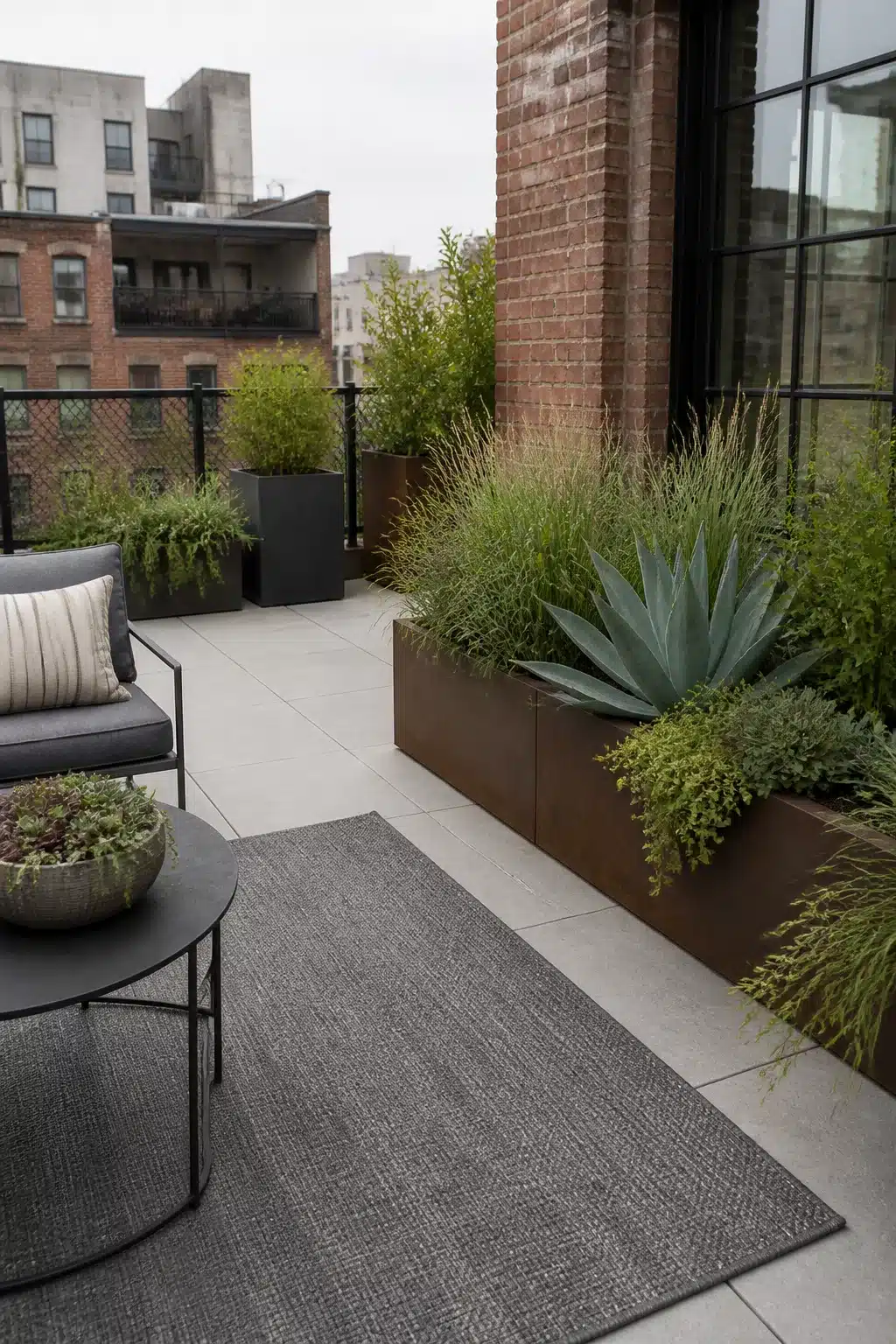 Small city garden rooftop terrace with corten steel raised beds, agave, ornamental grasses, and gray tile pavers