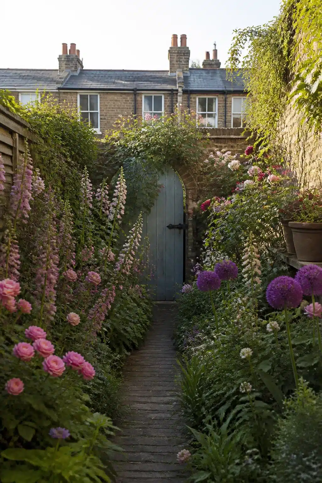 Narrow small city garden with foxgloves, alliums, roses, and a weathered boardwalk path leading to a blue gate.