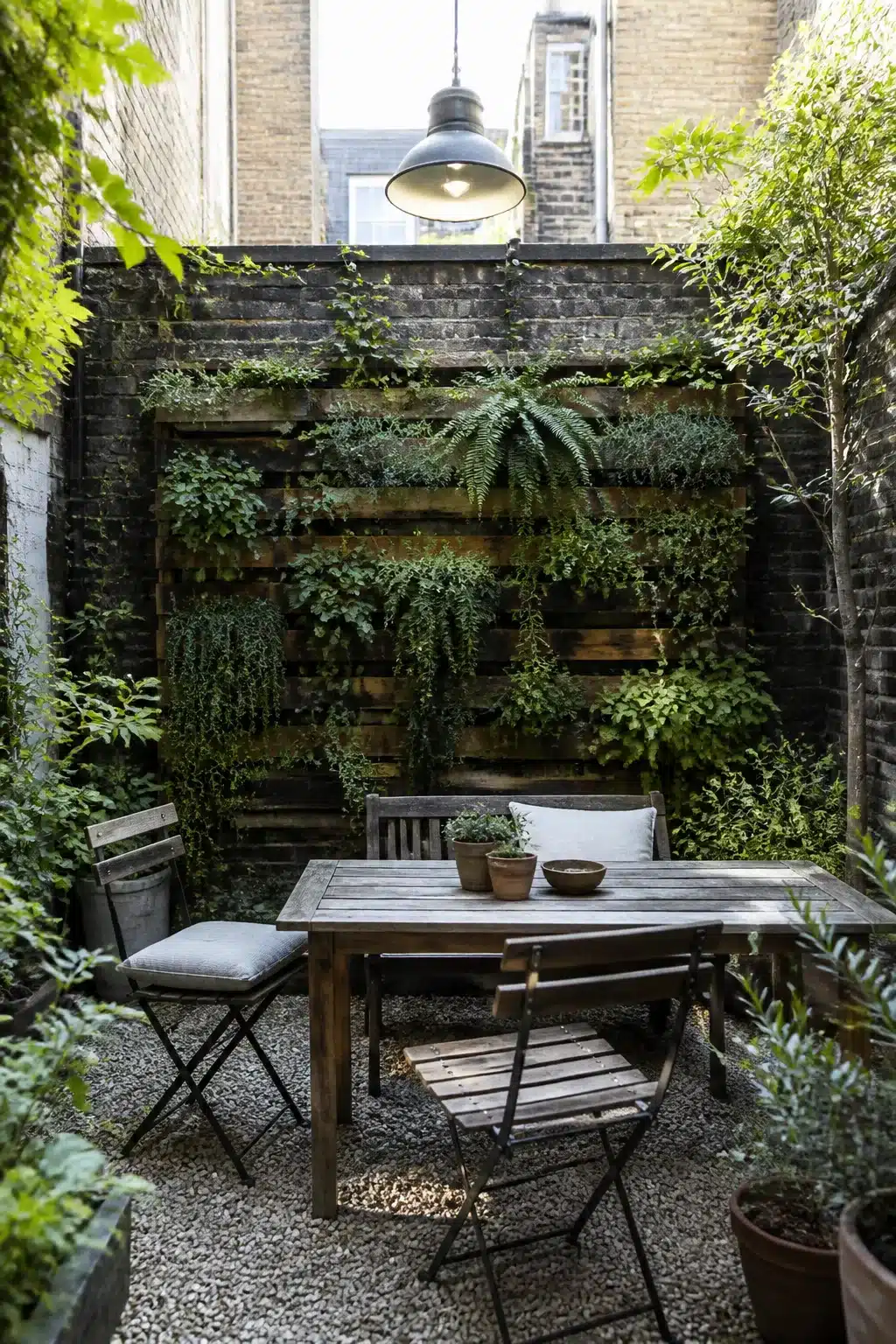 Small city garden with a floor-to-ceiling wooden pallet vertical planter wall, gravel floor, and outdoor dining table.