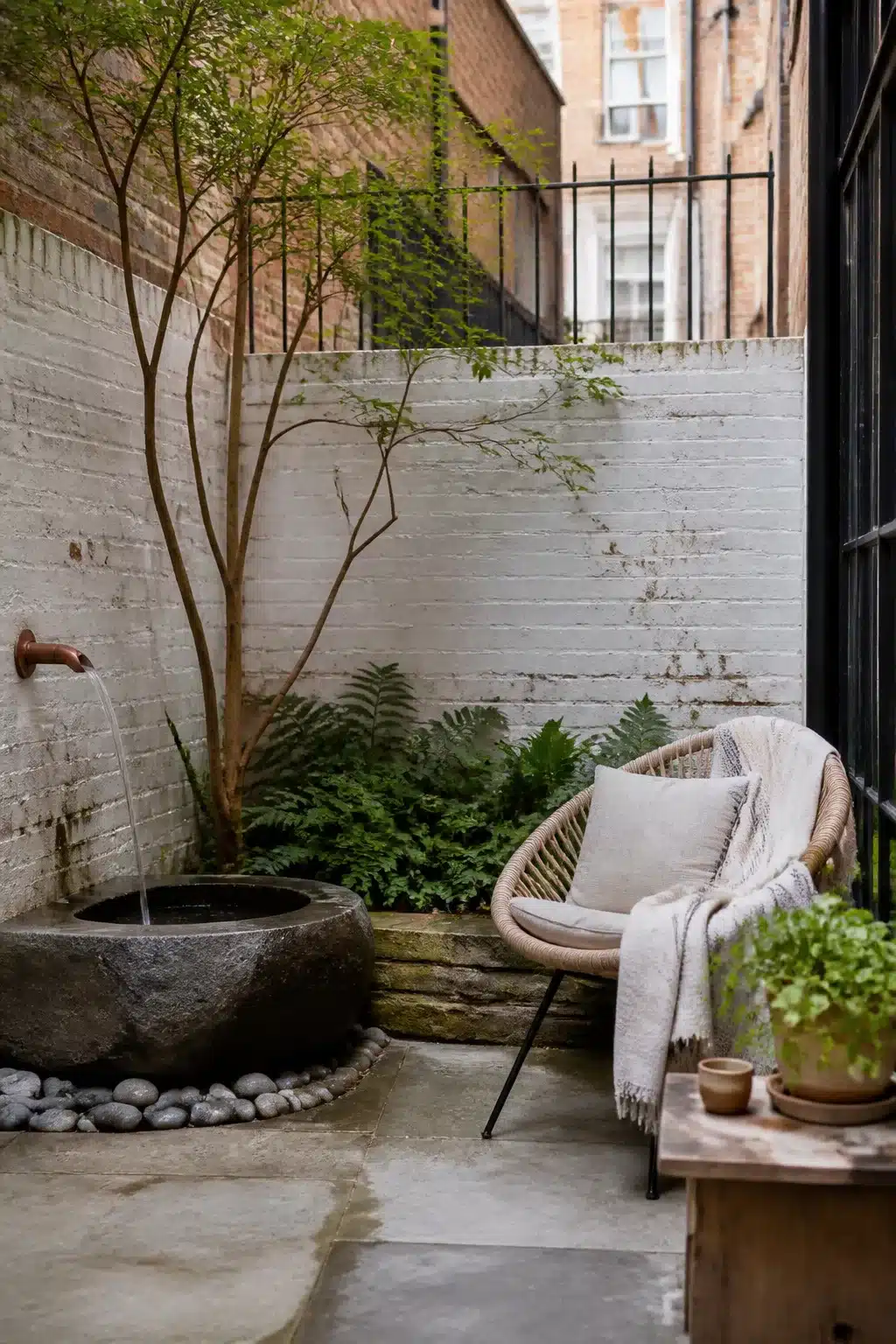 Stone bowl wall fountain with pebble surround in a small city garden courtyard with ferns and rattan chair.
