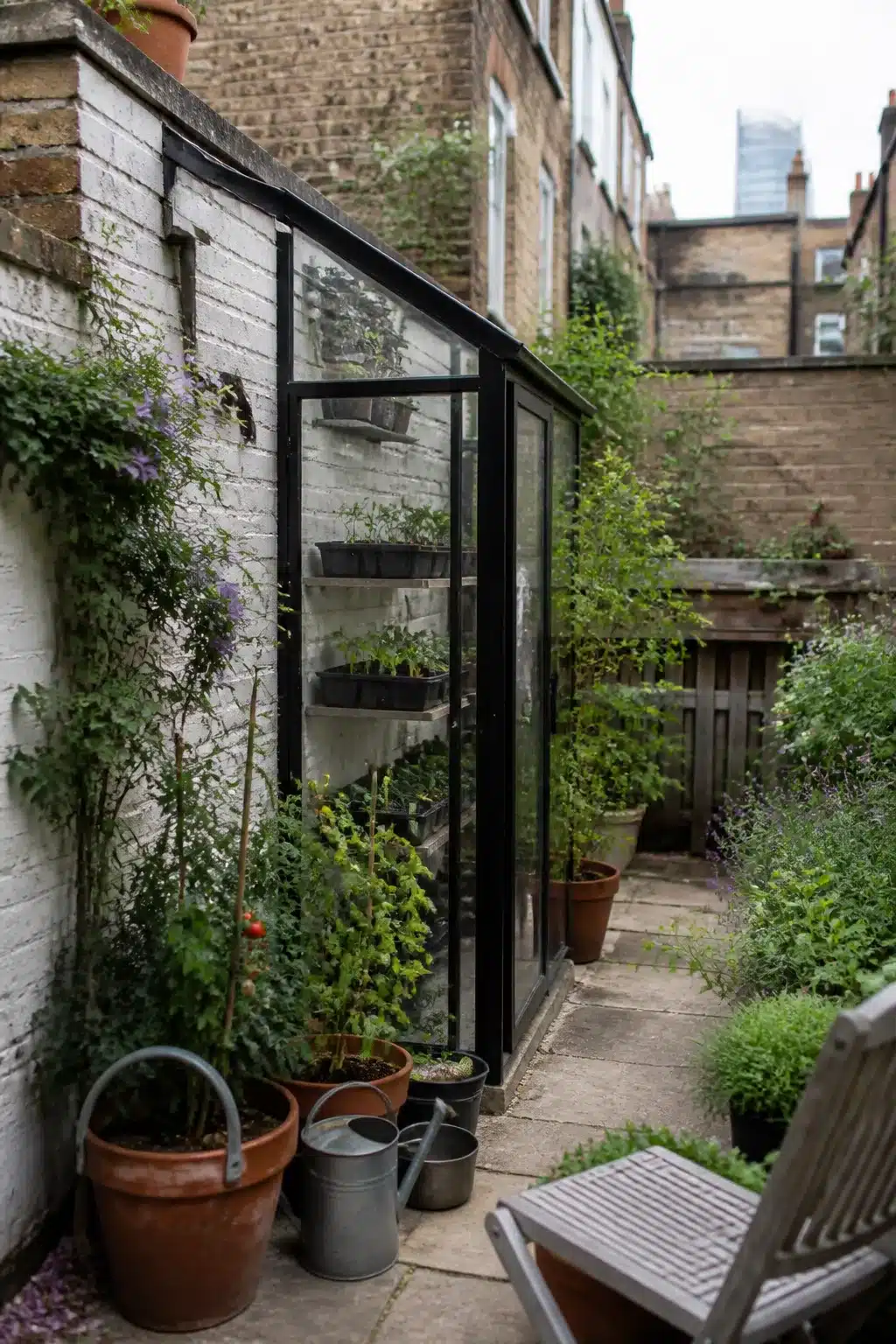 Black steel lean-to greenhouse against brick wall in a small city garden with stone paving and terracotta pots
