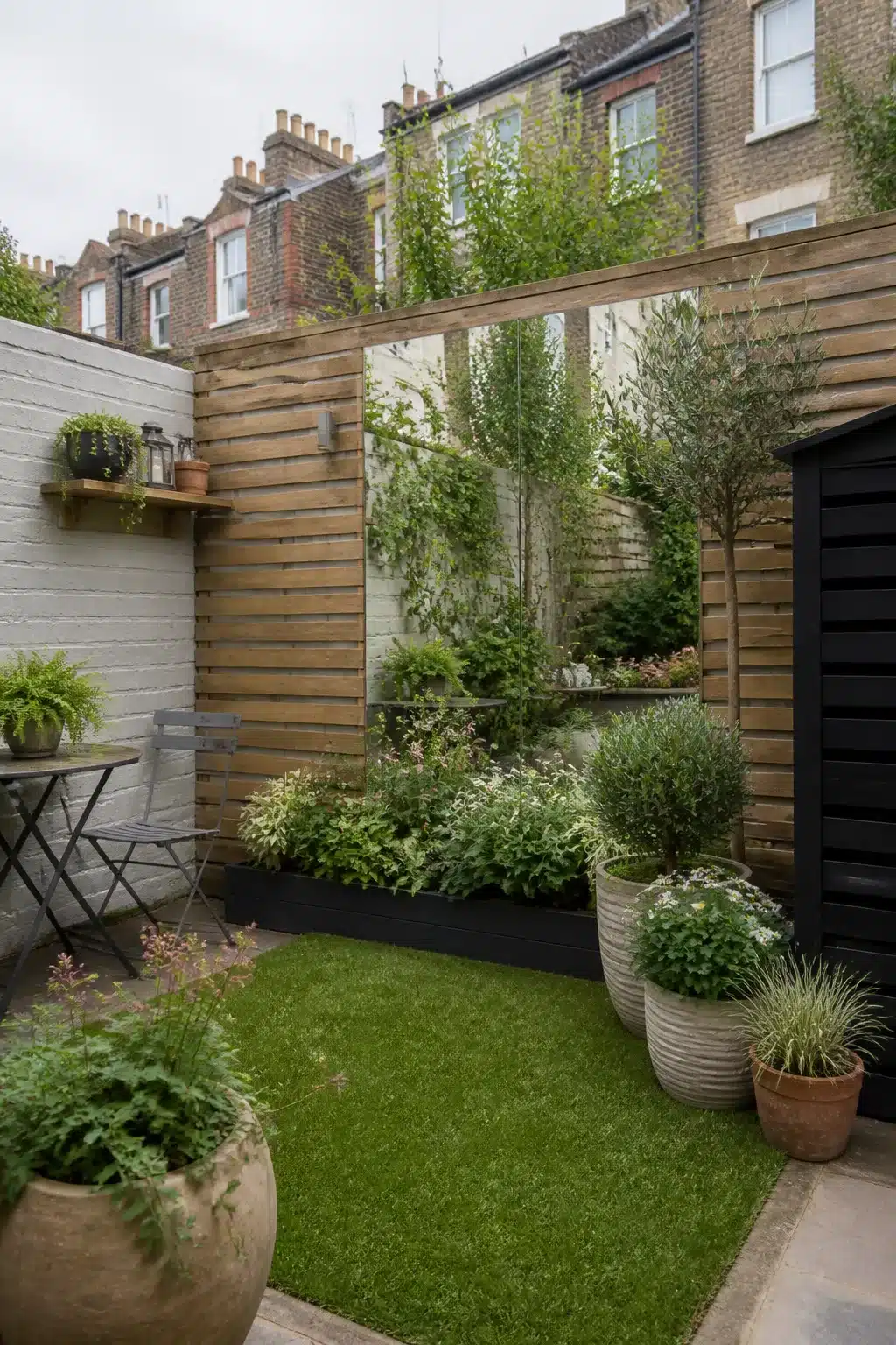 Small city garden with a mirrored panel set into a horizontal slatted timber fence, creating depth illusion.